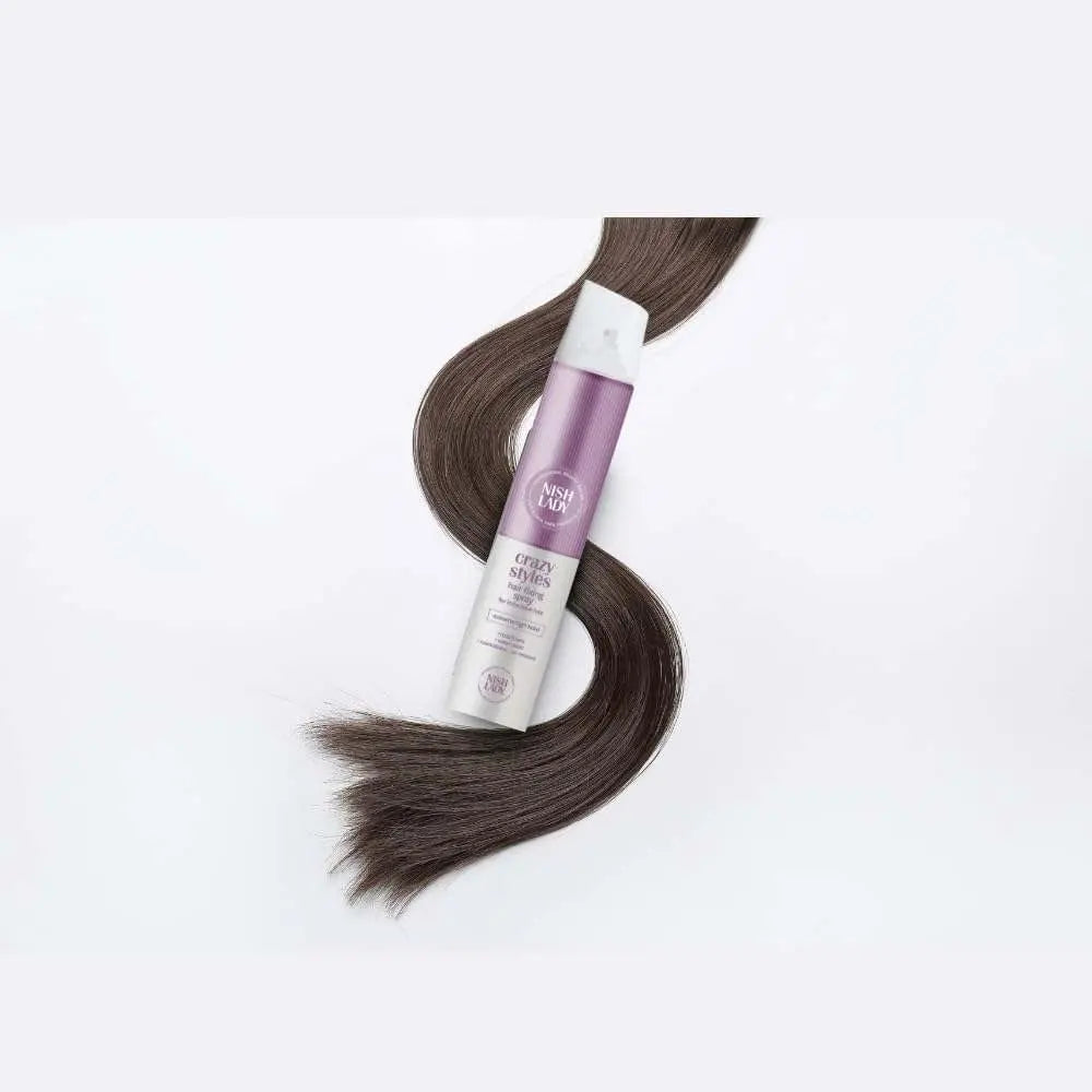 NishLady Haarfixierspray Crazy Styles with ultra strong hold and waterproof formula, 386 ml bottle.