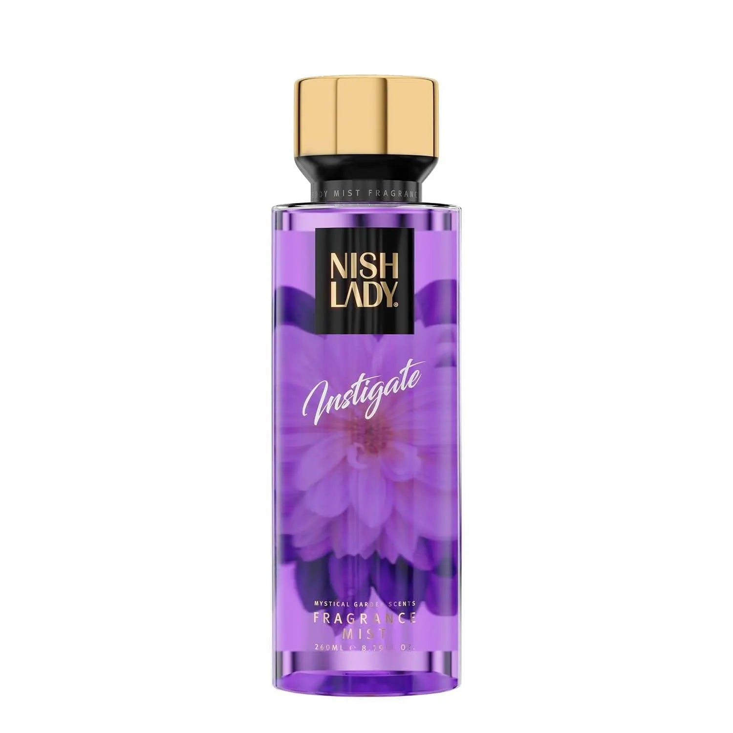 NishLady Body Mist 260ml bottle with floral design and gold cap.