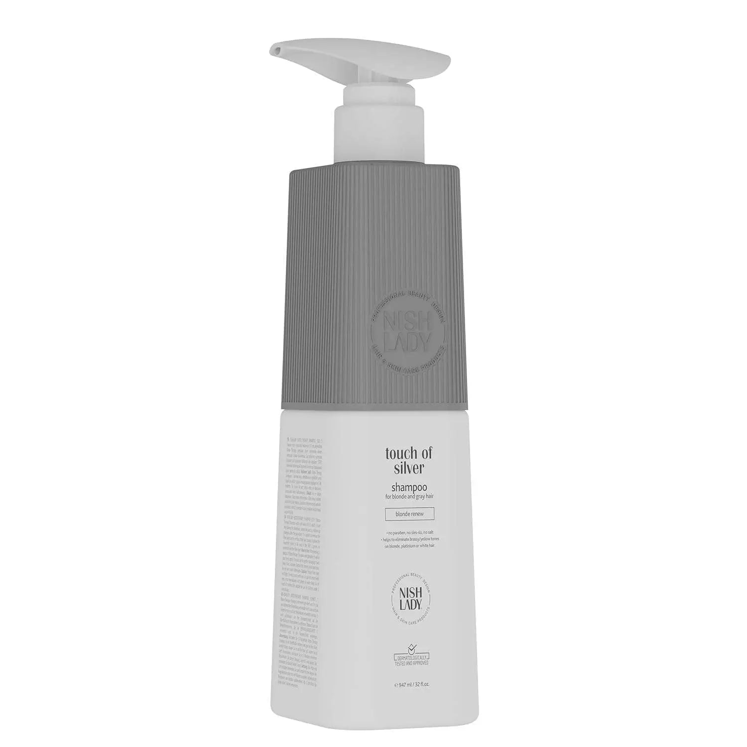 Nishlady Touch Of Silver Hair Shampoo 947 ml🤍 Neutralisiert Gelb- und Kupferstiche für kühle, klare Farbtöne: Blondes, graues oder blondiertes Haar neigt dazu, mit der Zeit einen gelblichen oder warmen UntertHairNishLadyOnKozmetikNishlady Touch Of Silver